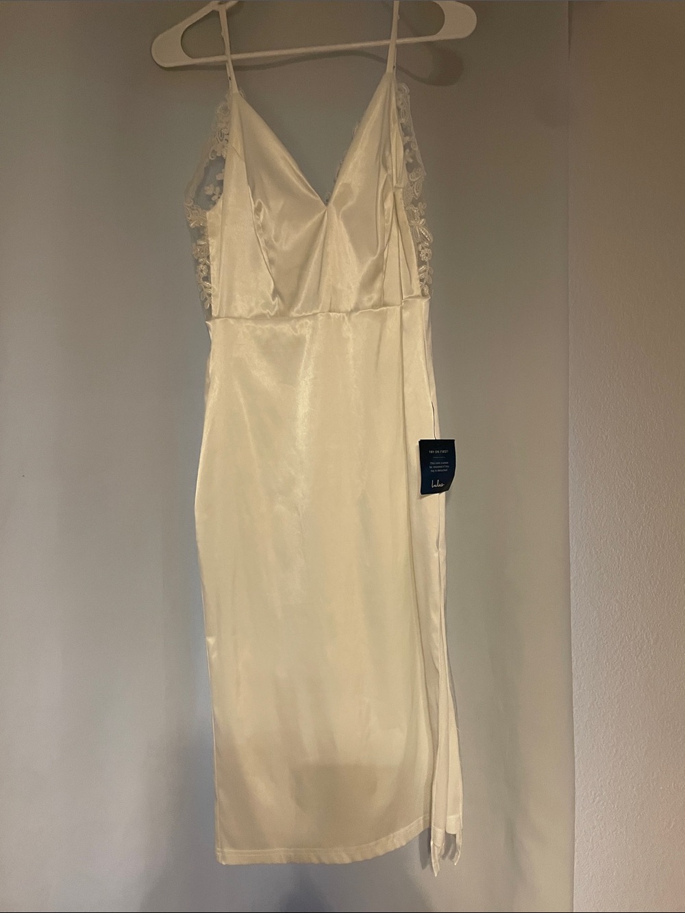 Lulu's Ivory Satin Lace-Trim Midi Slip Dress